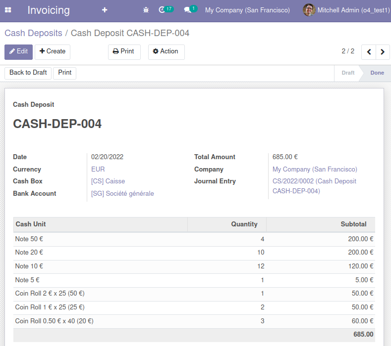 Cash Deposit form view