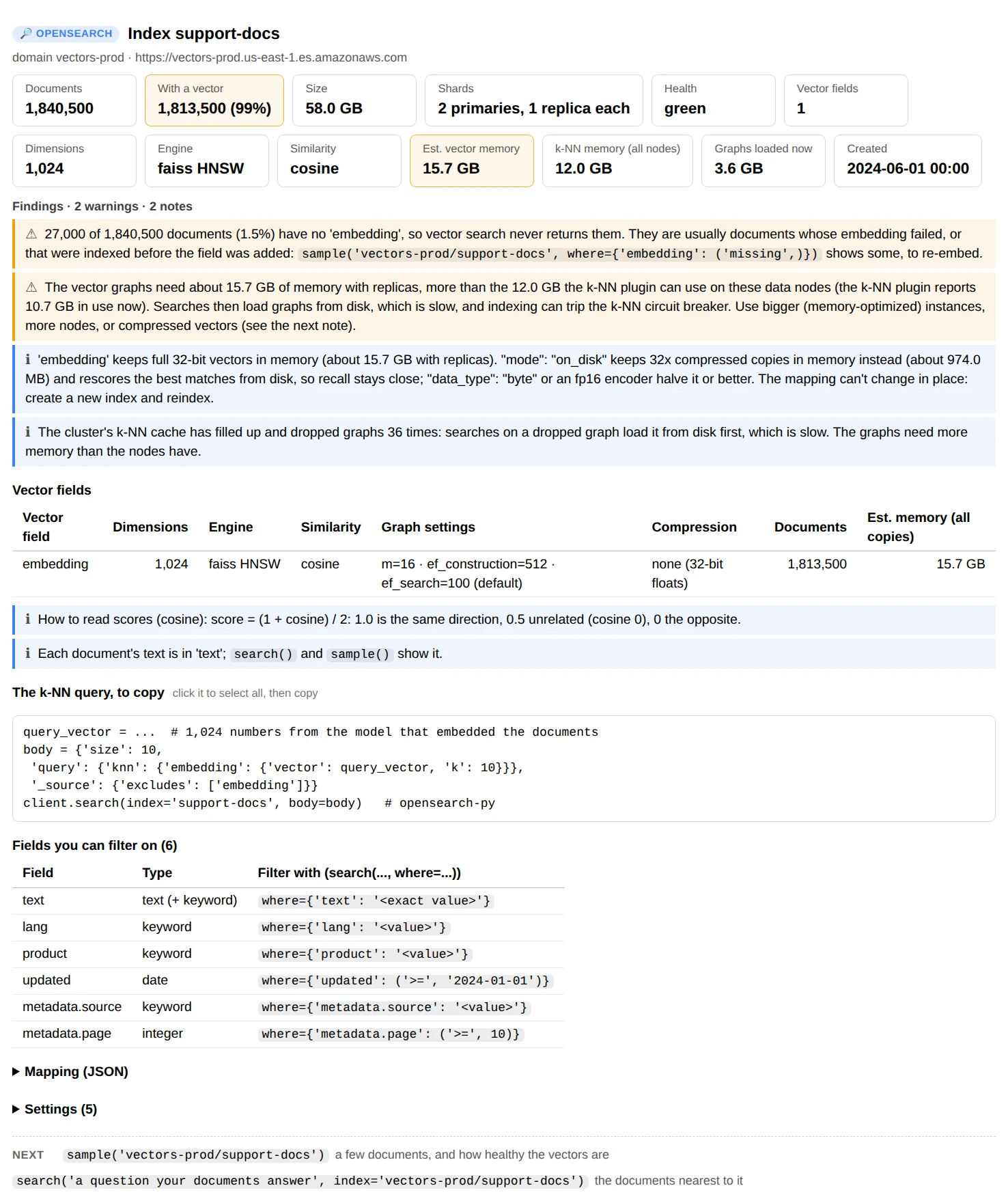 index_info(): cards for documents, documents with a vector, size, shards, dimensions, engine, similarity and estimated vector memory; findings that 27,000 documents have no vector, that the graphs need more memory than the nodes have, and that on-disk mode would need about 1 GB instead of 15.7 GB; the vector field's settings; how to read scores; and the fields to filter on