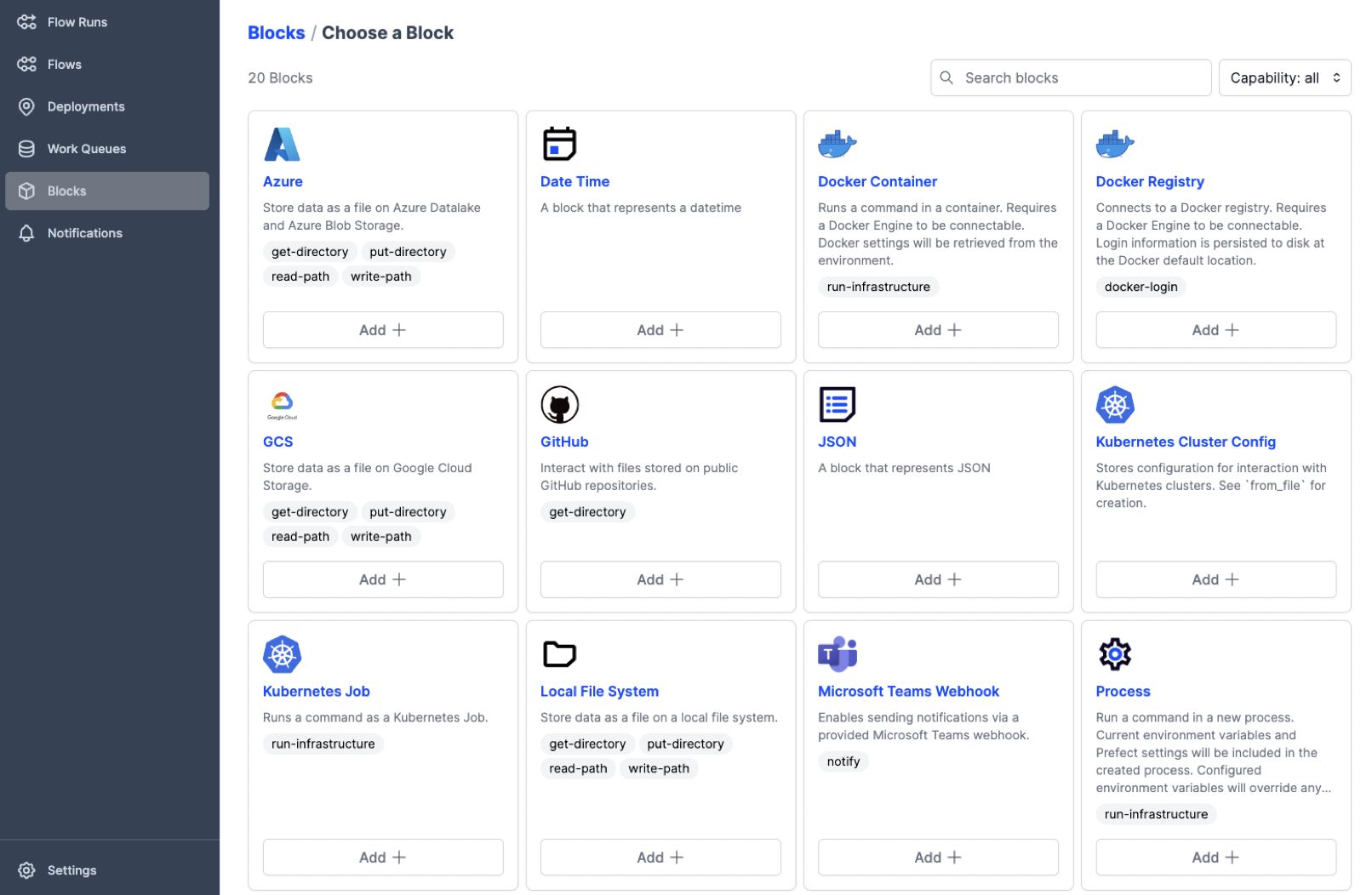 Overview of the compute infrastructure integrations that comes built-in with Prefect, here on the storage side.