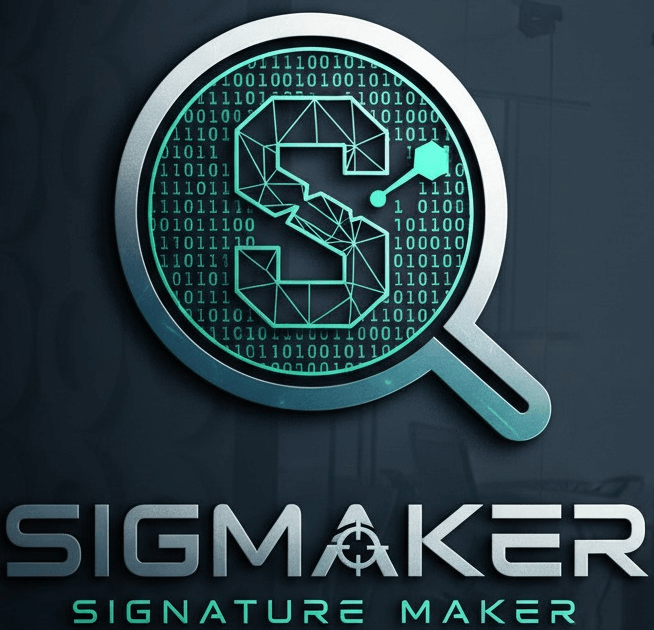Magnifying glass with the word 'sigmaker' and a cross-hair over the 'A' in sigmaker
