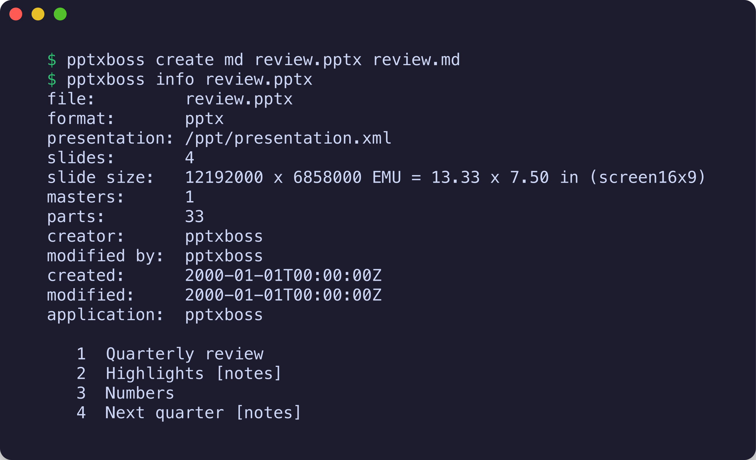 pptxboss create md and pptxboss info in a terminal