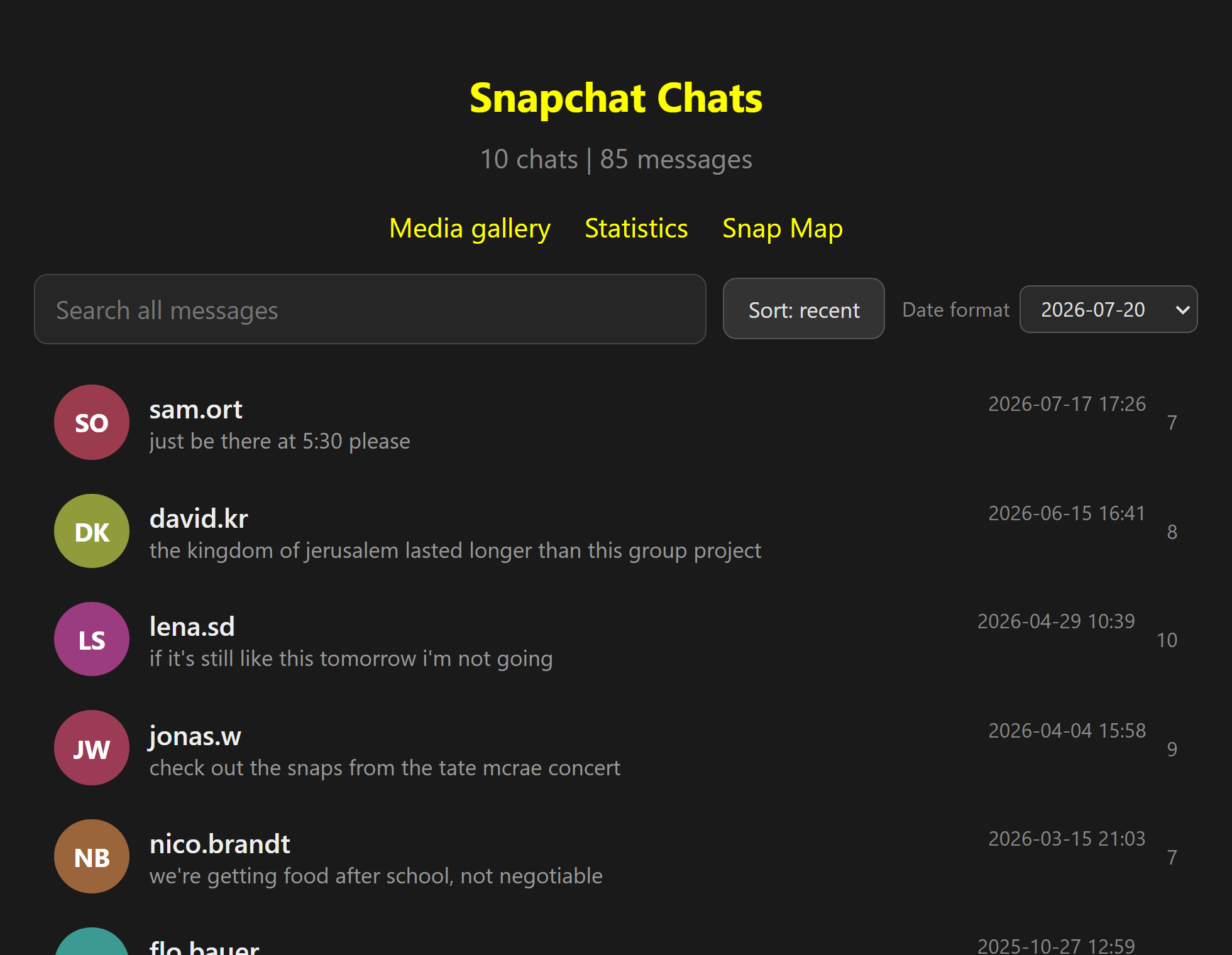 Chat overview with a search across all messages