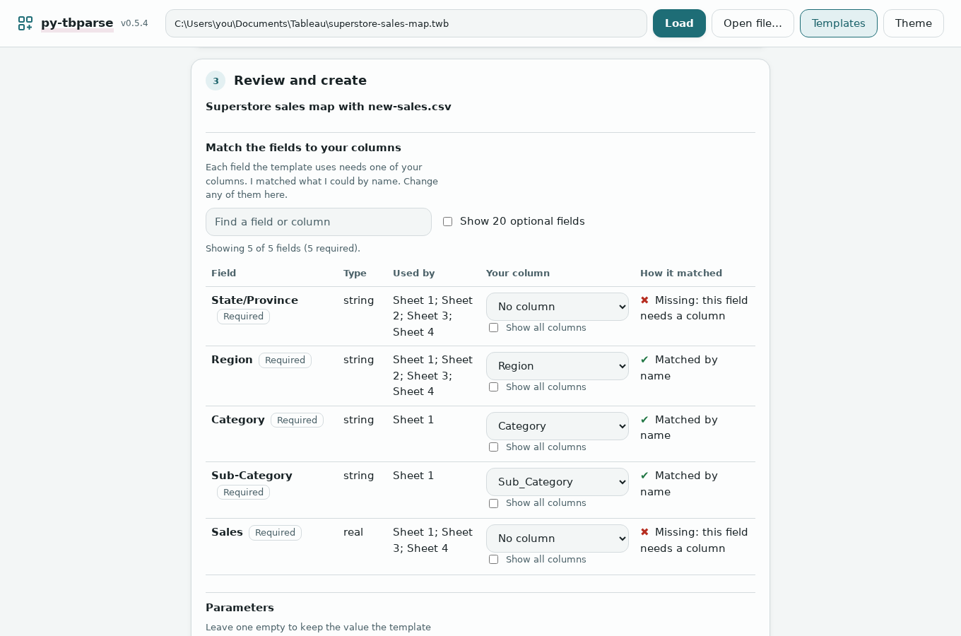 Match the fields to your columns: State/Province missing, Region, Category and Sub-Category matched by name, Sales missing