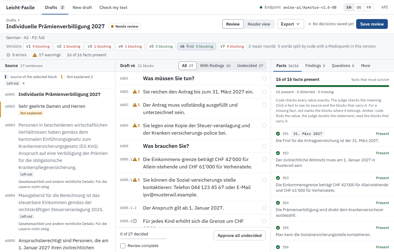 The review page: the source on the left, the easy-language draft in the middle, the must-keep facts on the right