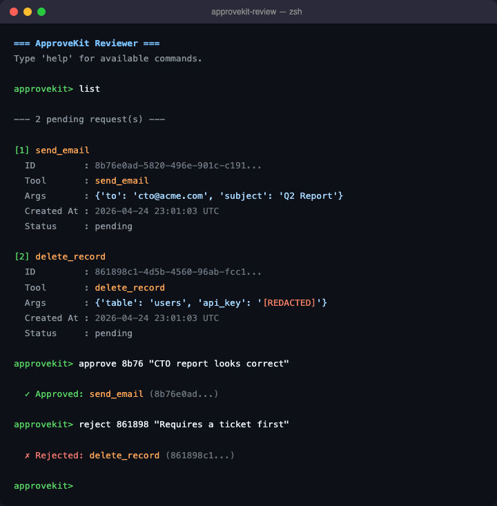 Terminal reviewer showing list output and approve/reject commands