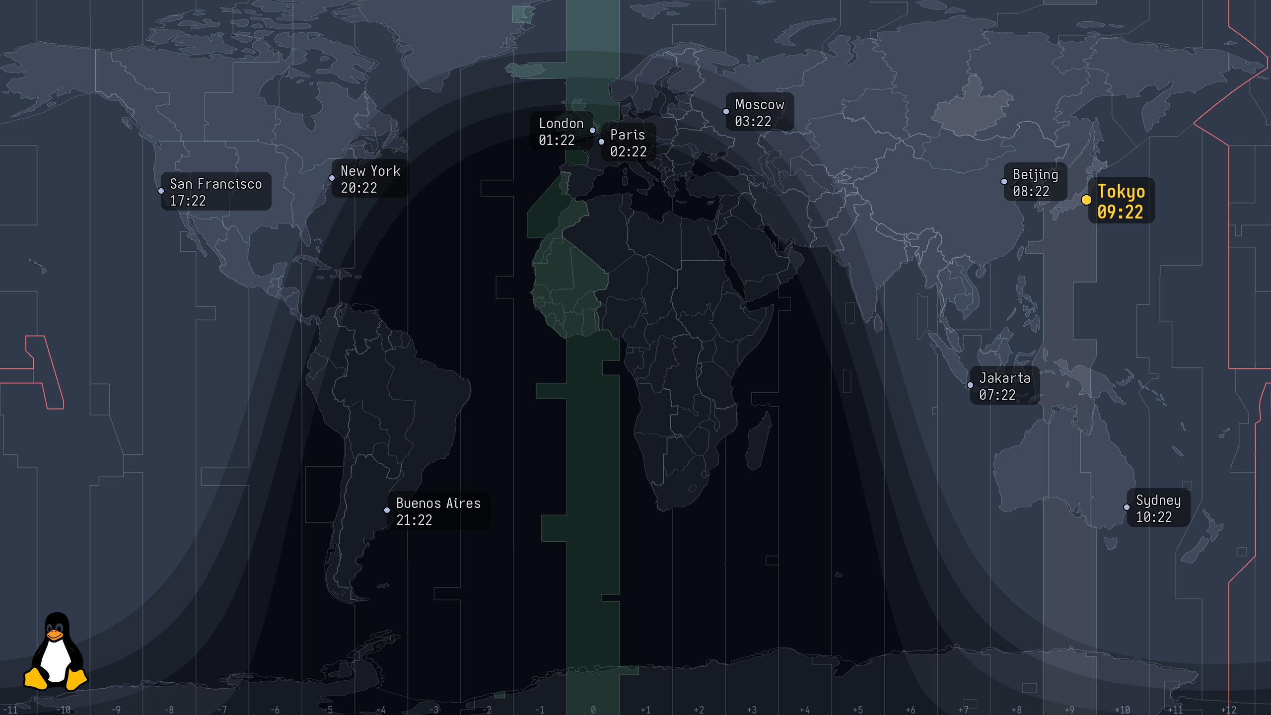 a map with one city accented and its timezone column highlighted
