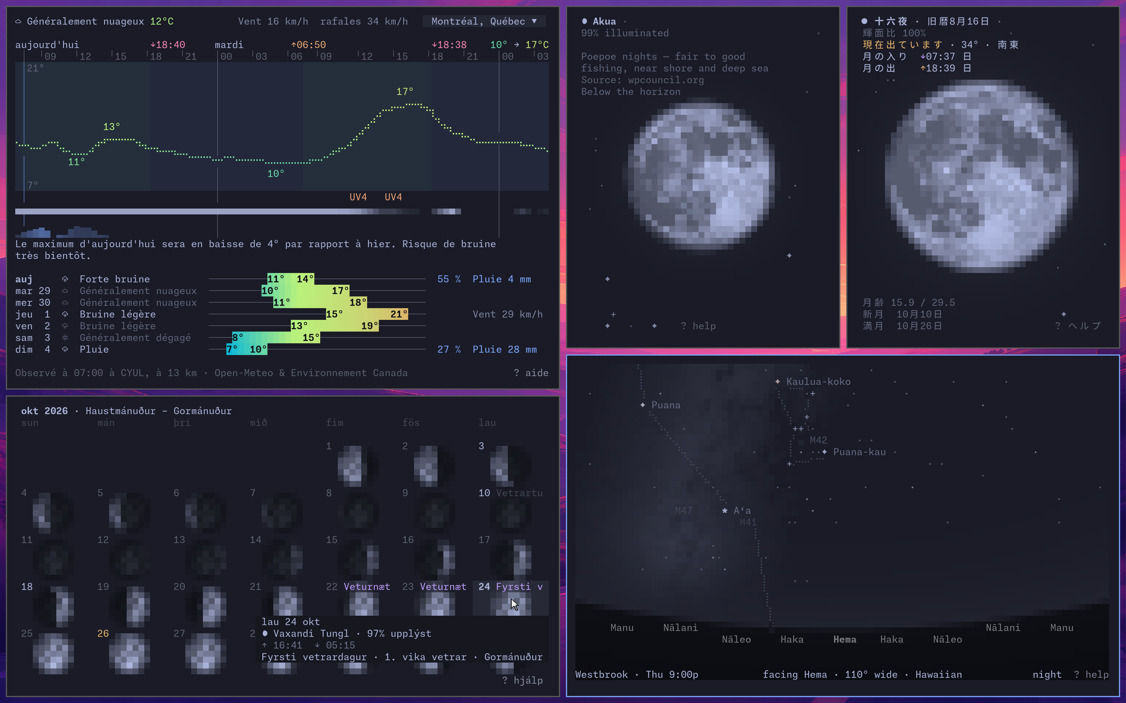 a second desktop: the weather in Montréal in Canadian French, October 2026 in Icelandic with the pointer on Fyrsti vetrardagur, the Moon over Hilo on the night of Akua, the Moon over Okinawa on 十六夜, and the sky facing south with the Hawaiian star compass along the horizon