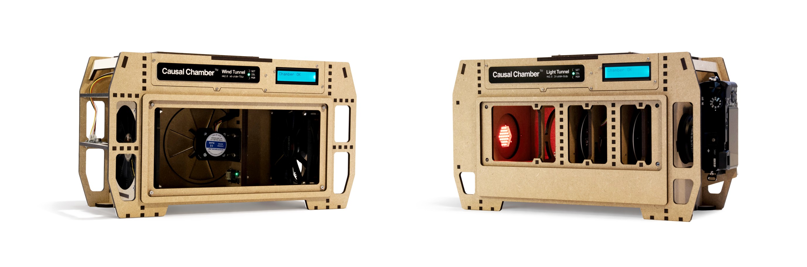 The Causal Chambers: (left) the wind tunnel, and (right) the light tunnel with the front panel removed to show its interior.