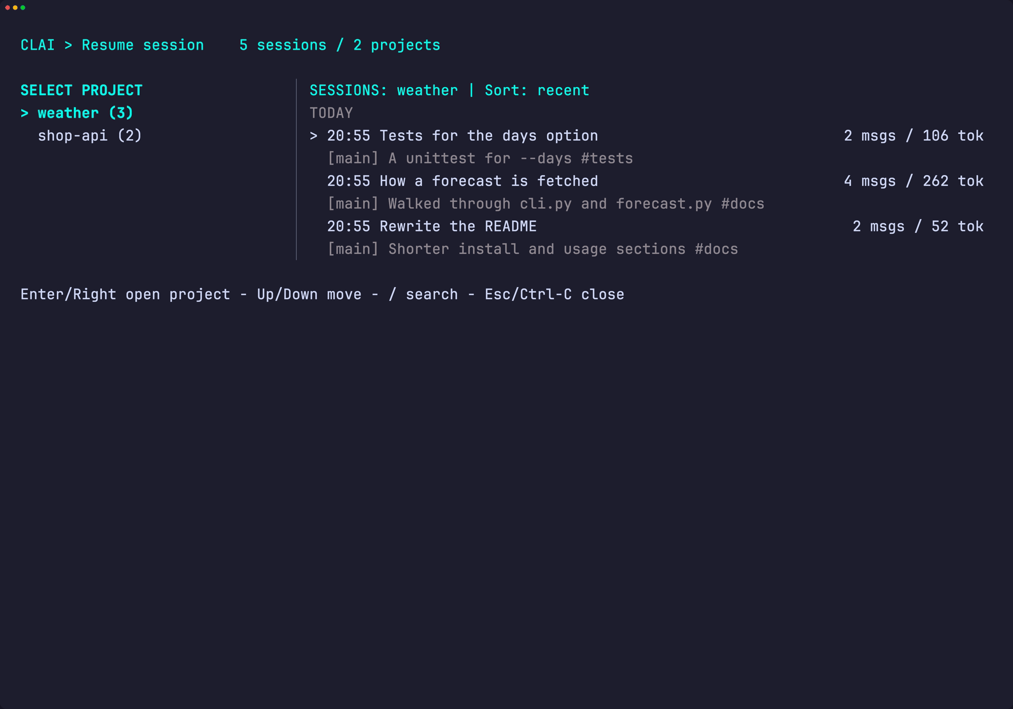 The /resume session browser with projects and named sessions