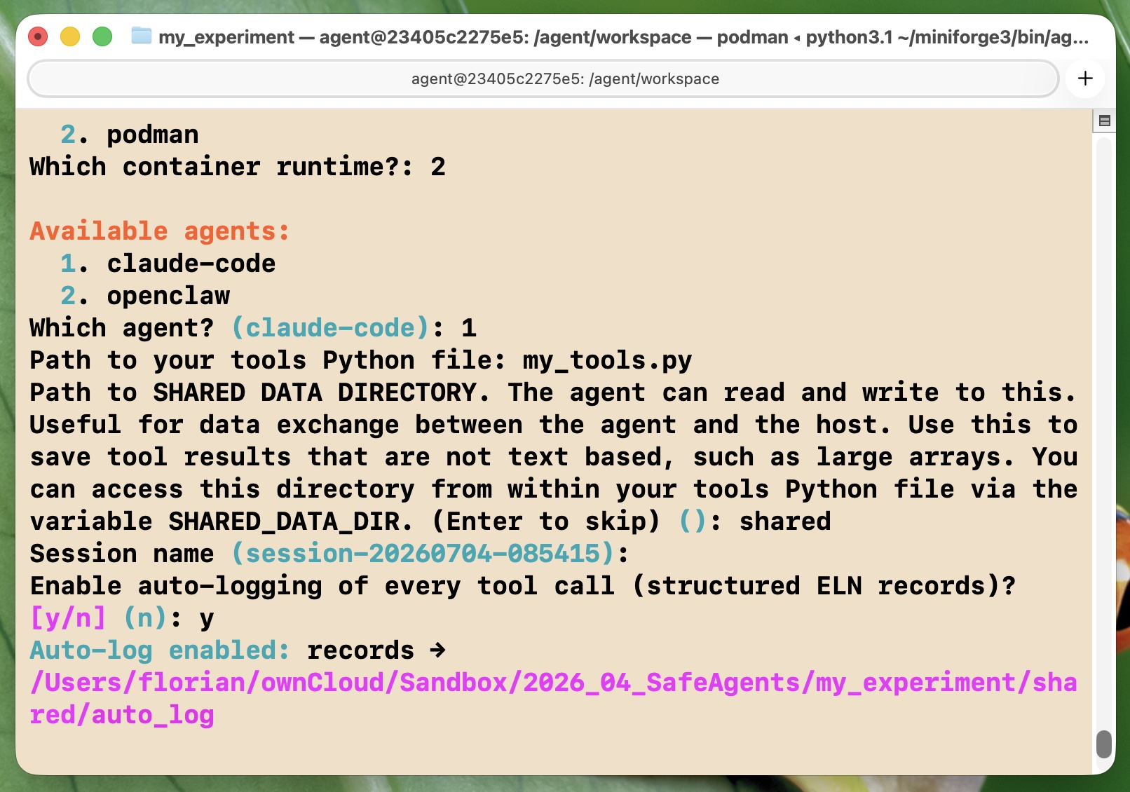 Terminal window showing a set of interactive prompts and user answers