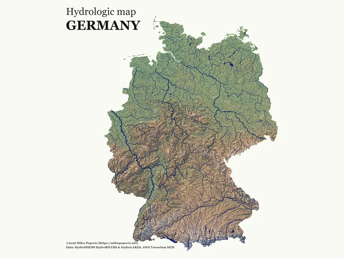 Germany in hypsometric relief with the Rhine, Elbe and Danube drainage networks traced in blue