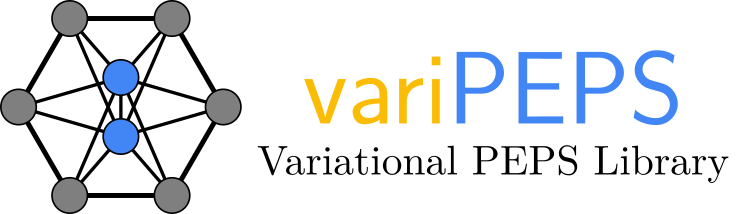 Logo of the variPEPS library with a triangular-PEPS norm as picture and "variPEPS -- Variational PEPS Library" as text right of it