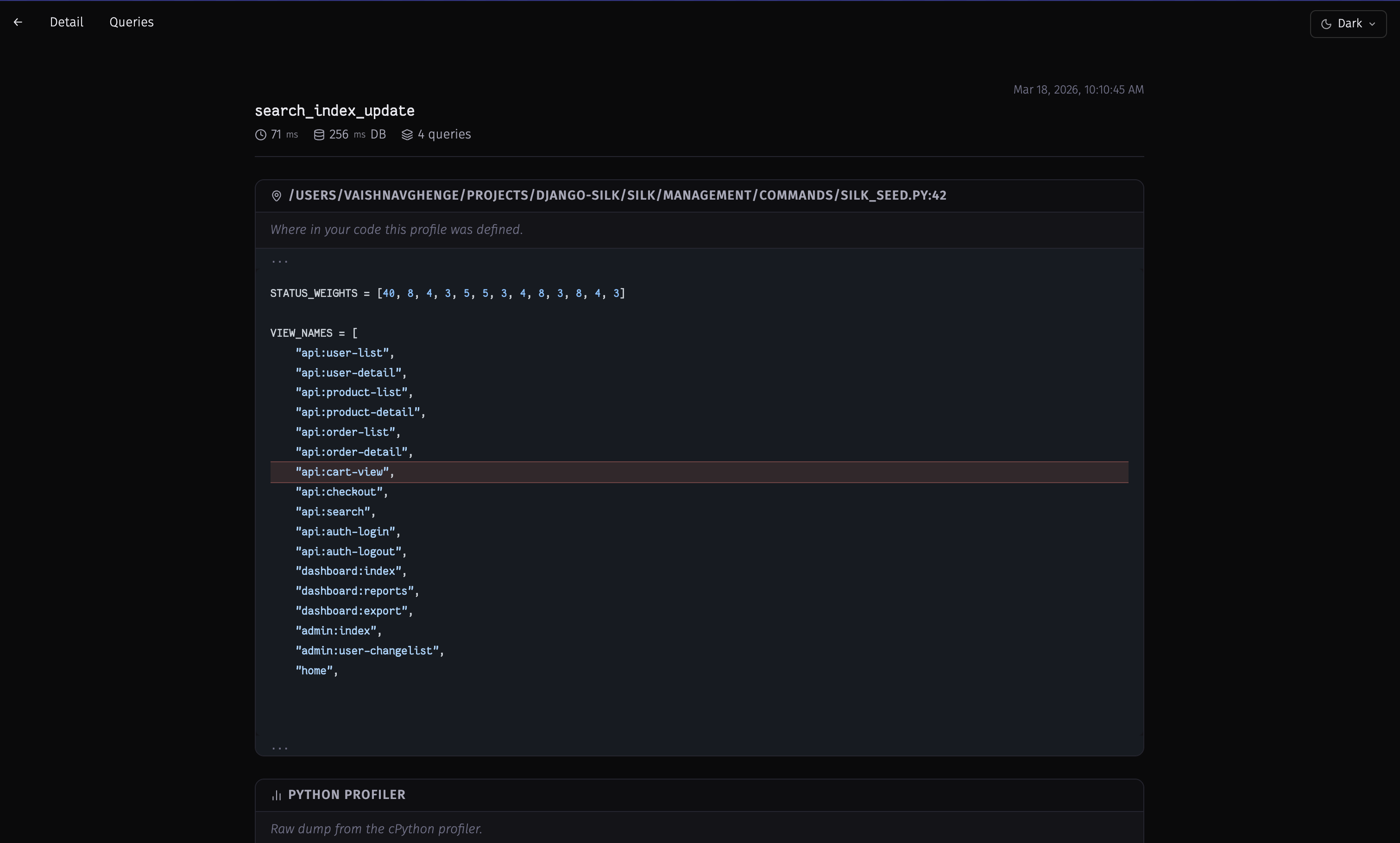 Profile detail – code view