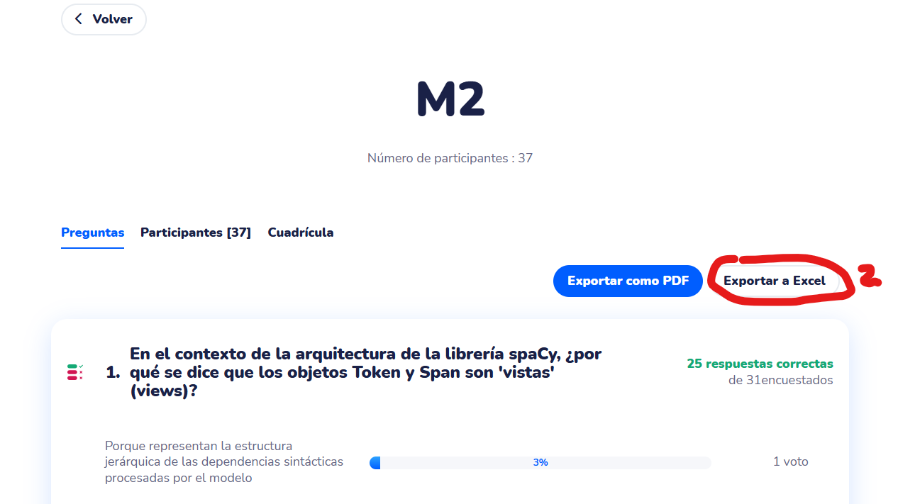 Wooclap click "Exportar a Excel"