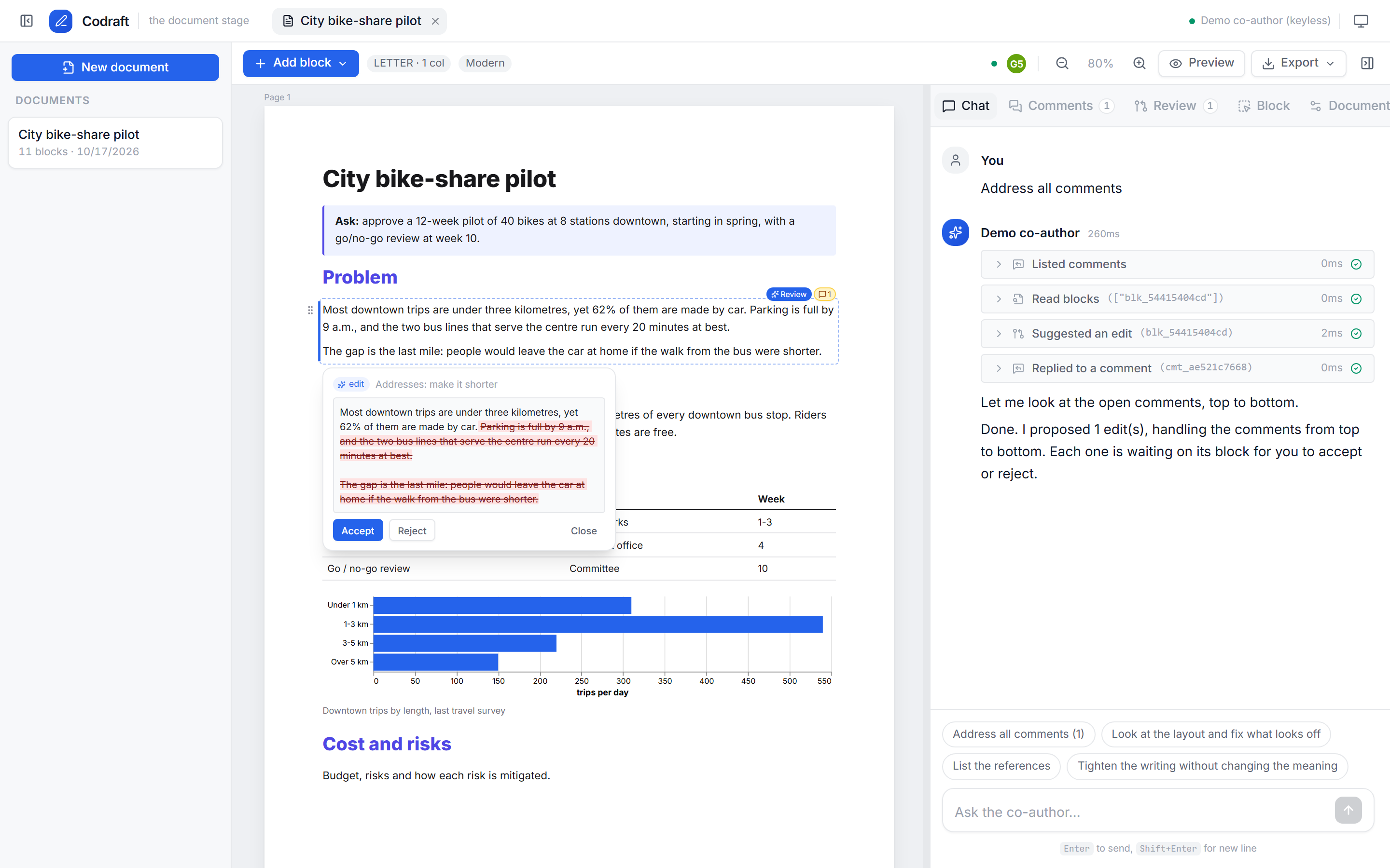 Codraft editor: an agent suggestion shown as a diff on the block it changes