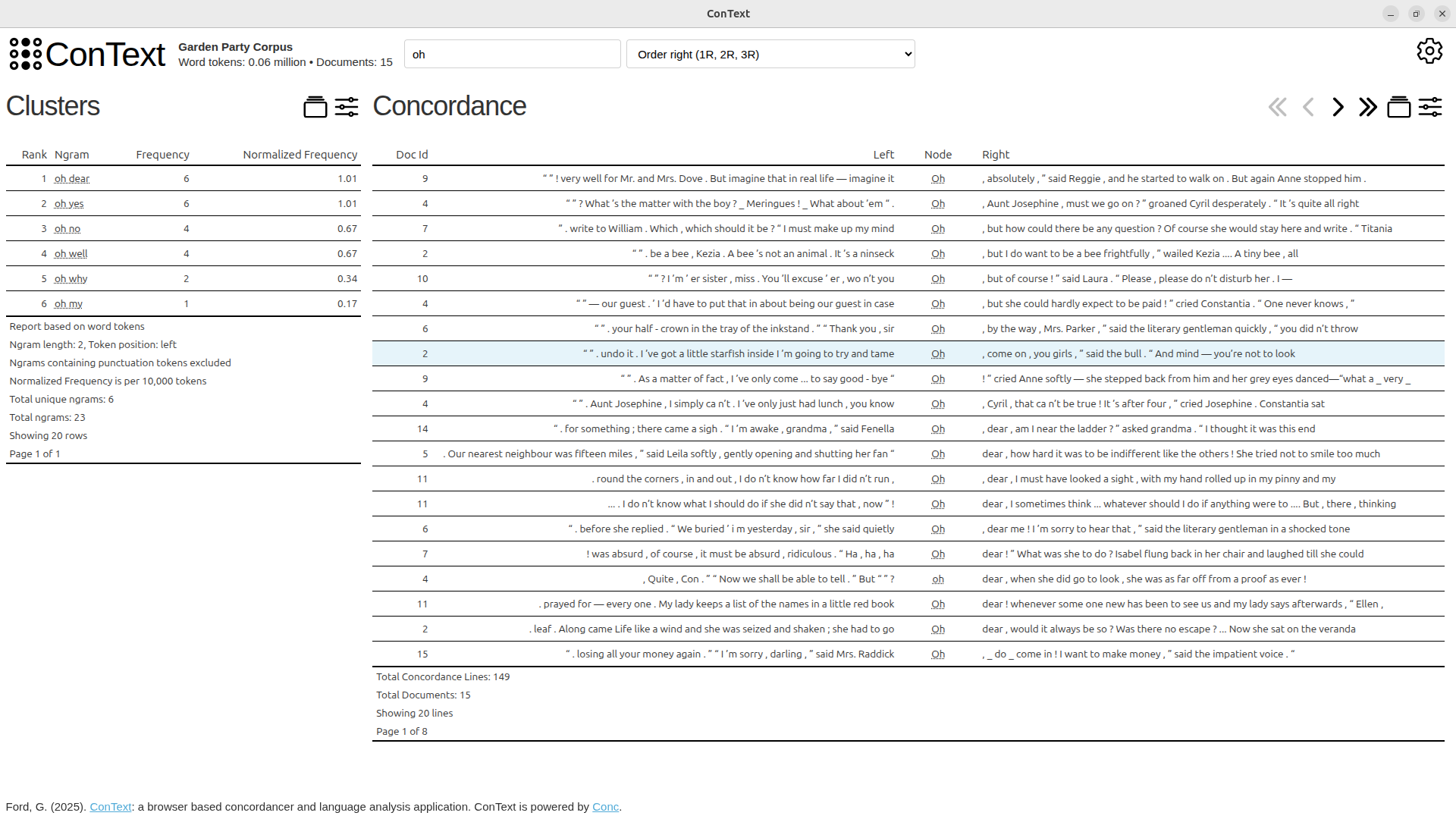 Navigate from keywords to token-based view, with Concordance and Clusters