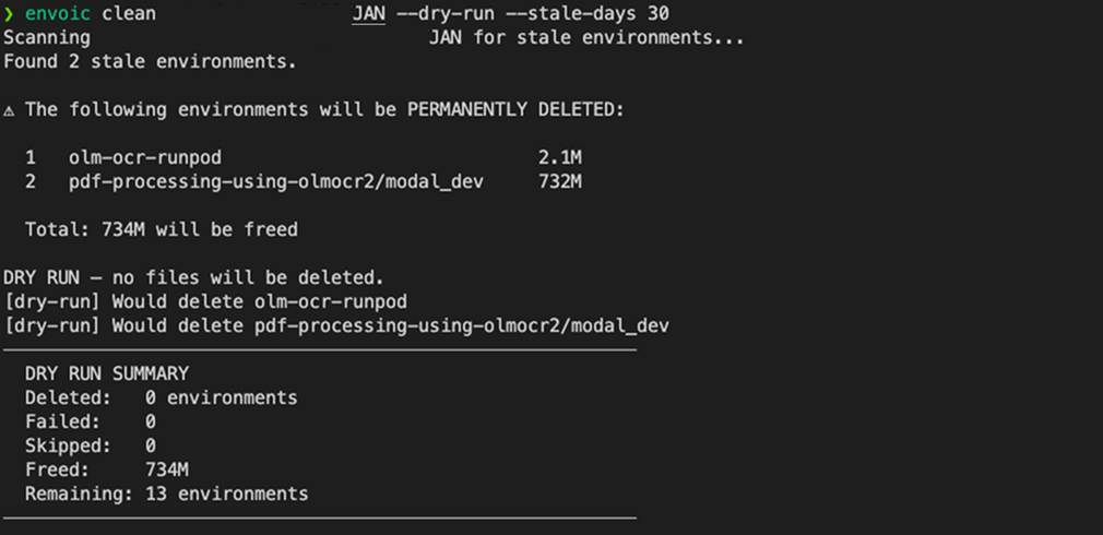 envoic clean command output