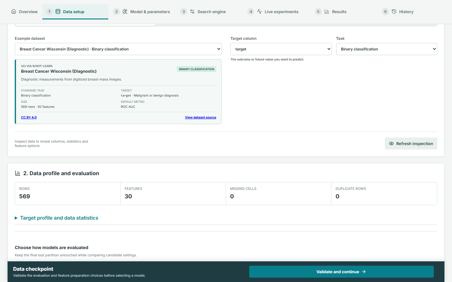 PSPSO data setup showing an inspected binary-classification dataset and evaluation controls