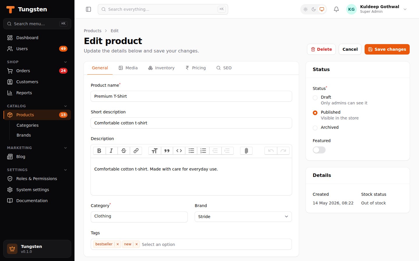 Edit product form