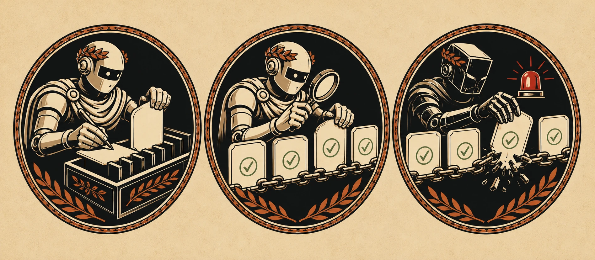 Three scenes: one agent writes a record into a shared store; a different agent inspects it and stamps it with a green check; the approved records are joined in a chain — and when an attacker tries to swap one, the chain link snaps and an alarm fires.