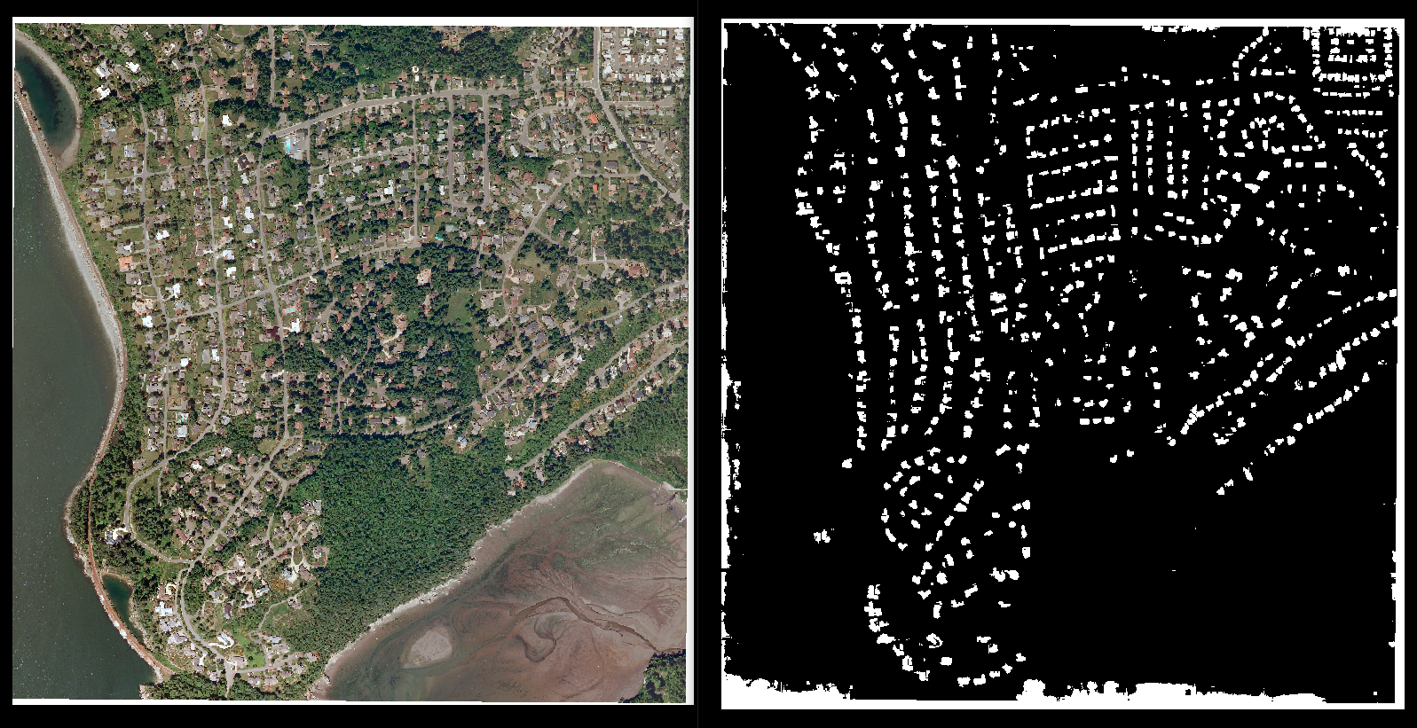 Building segmentations produced by a U-Net model trained on the Inria Aerial Image Labeling dataset