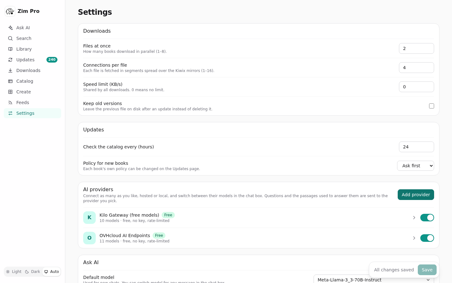 Settings: downloads, updates and AI providers