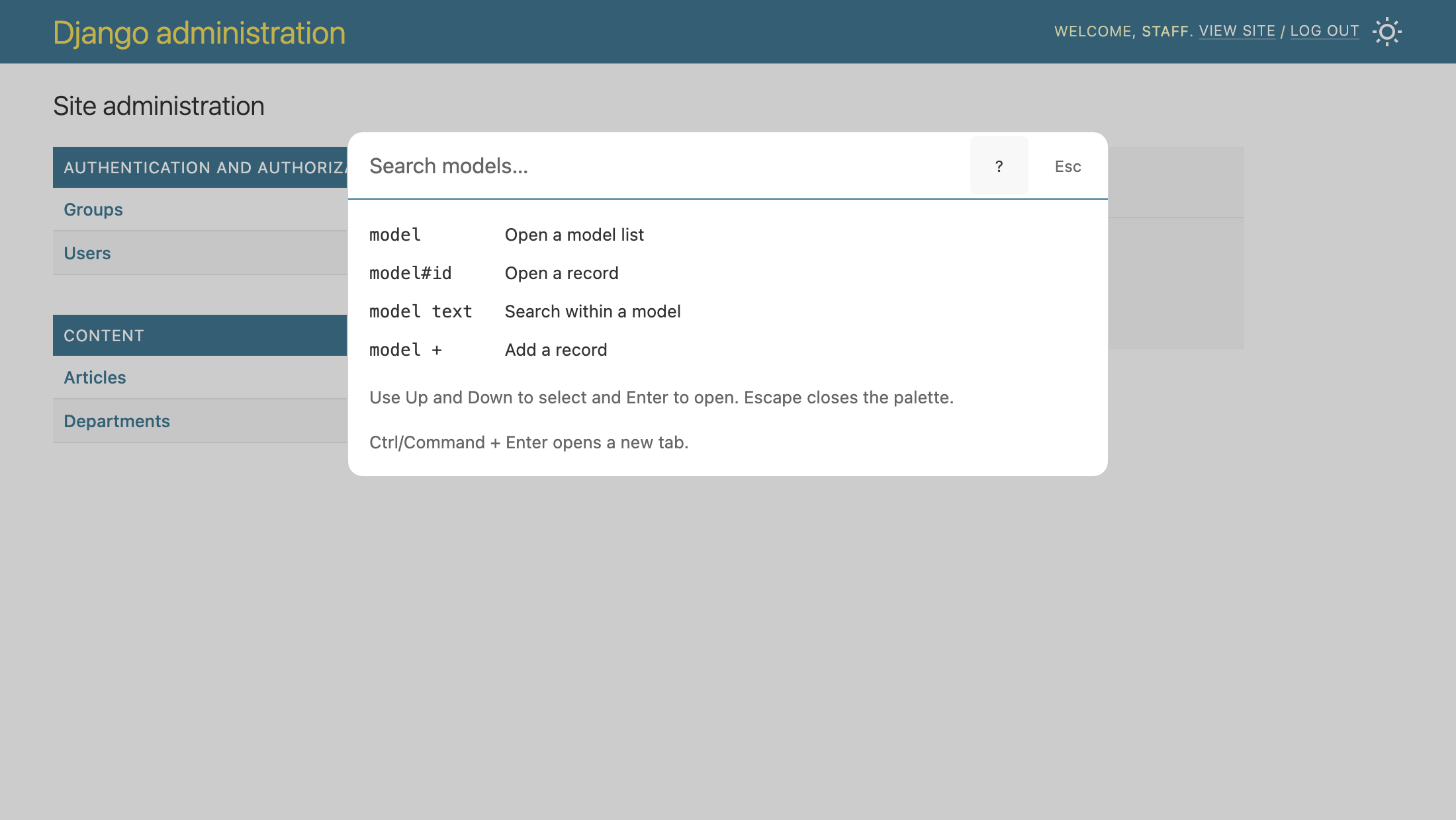 Django CmdBar's query guide showing commands to open model lists, find records, search, and add records.