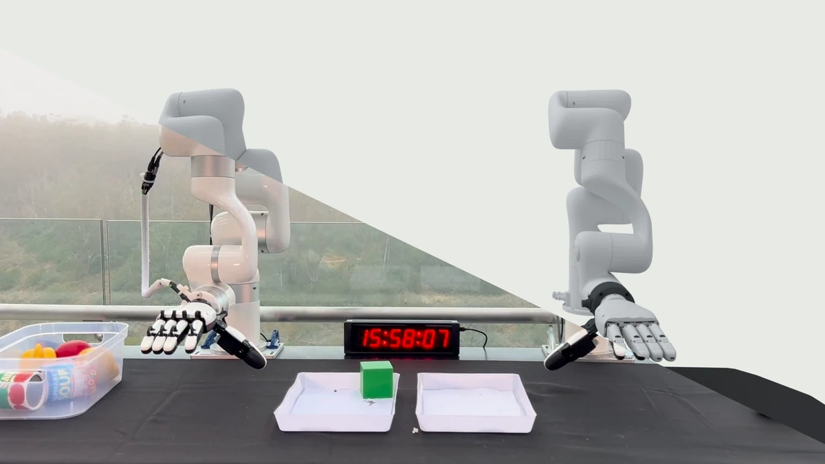 Two real xArm robots with dexterous hands, diagonally split with their aligned simulation twin
