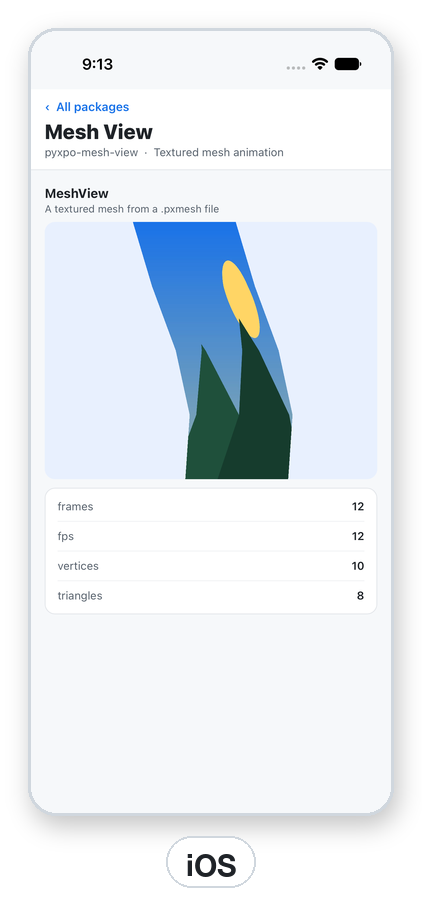 A mesh animation of a landscape bending, playing on iOS, with the frame count, fps, vertex count and triangle count under it