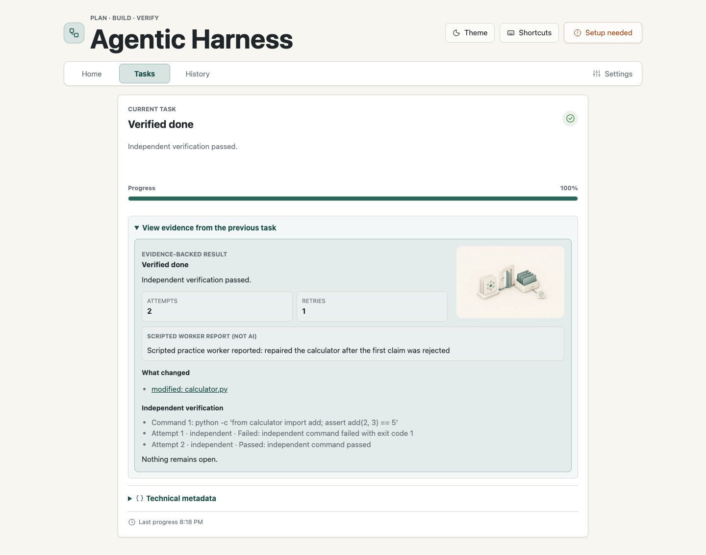 Agentic Harness verified task evidence