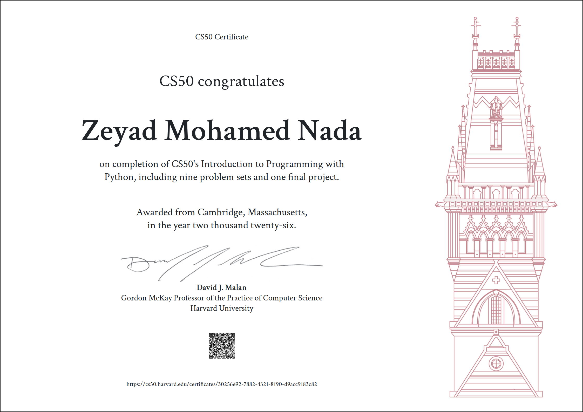 CS50P Certificate for Zeyad Nada