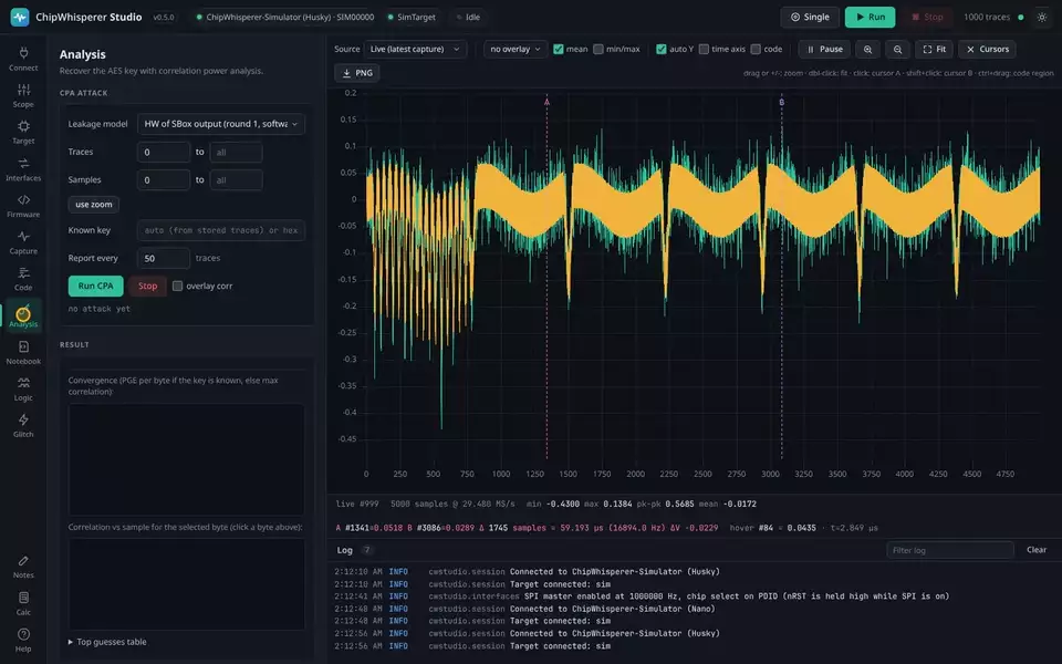 CPA recovering the AES key, then the correlation overlaid on the waveform (animated)
