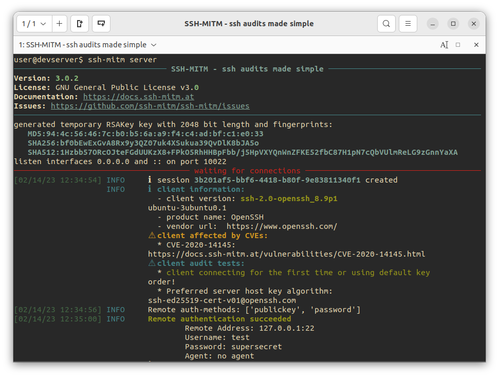 SSH-MITM intercepting password login