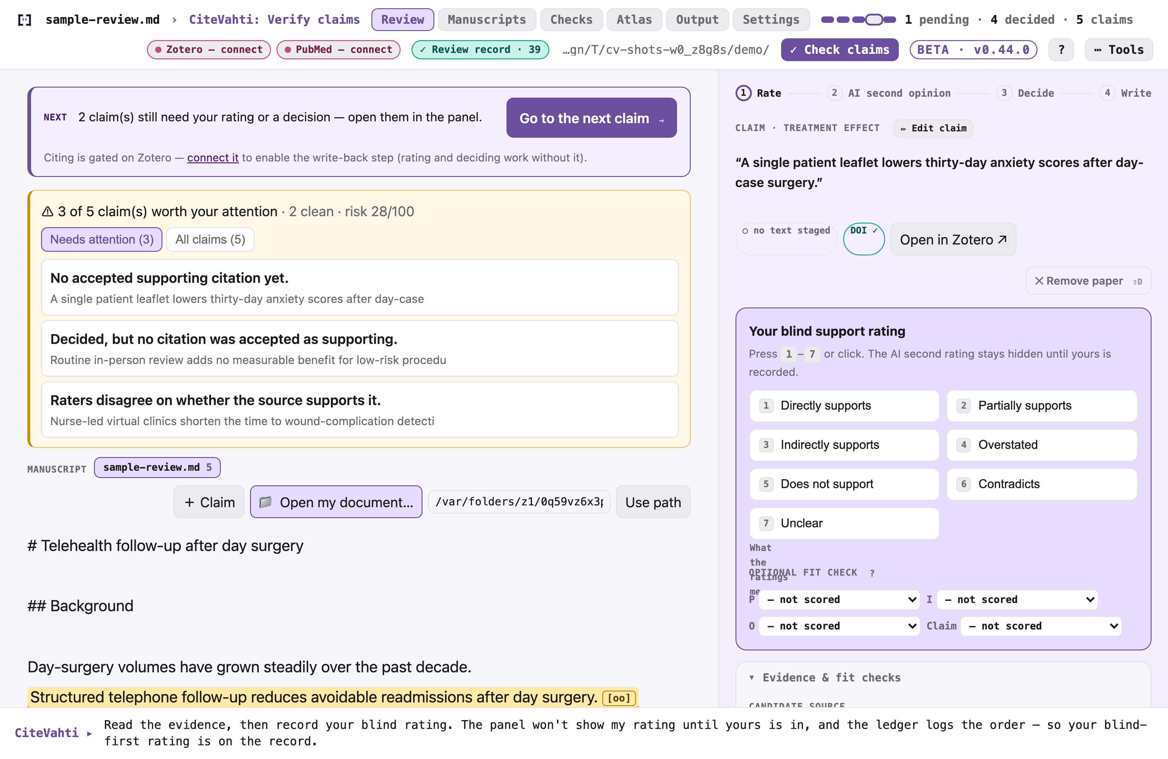 The CiteVahti review panel — your manuscript on the left, the evidence-and-decision card on the right.