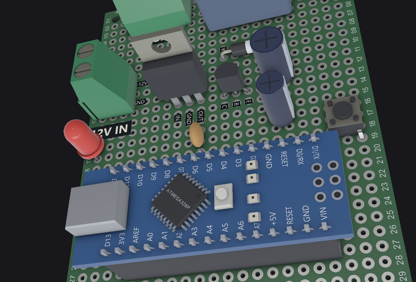 The same board in 3D: the Nano drawn as what is on it, standing on its header strips, the names beside the pins