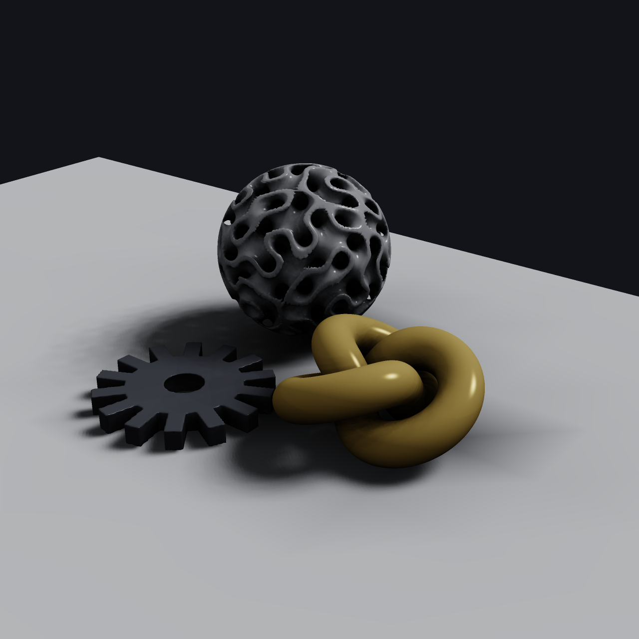 Fullseye's own renderer: SDF smooth-union sculpture with AO, soft shadows and ACES tonemap — pure numpy