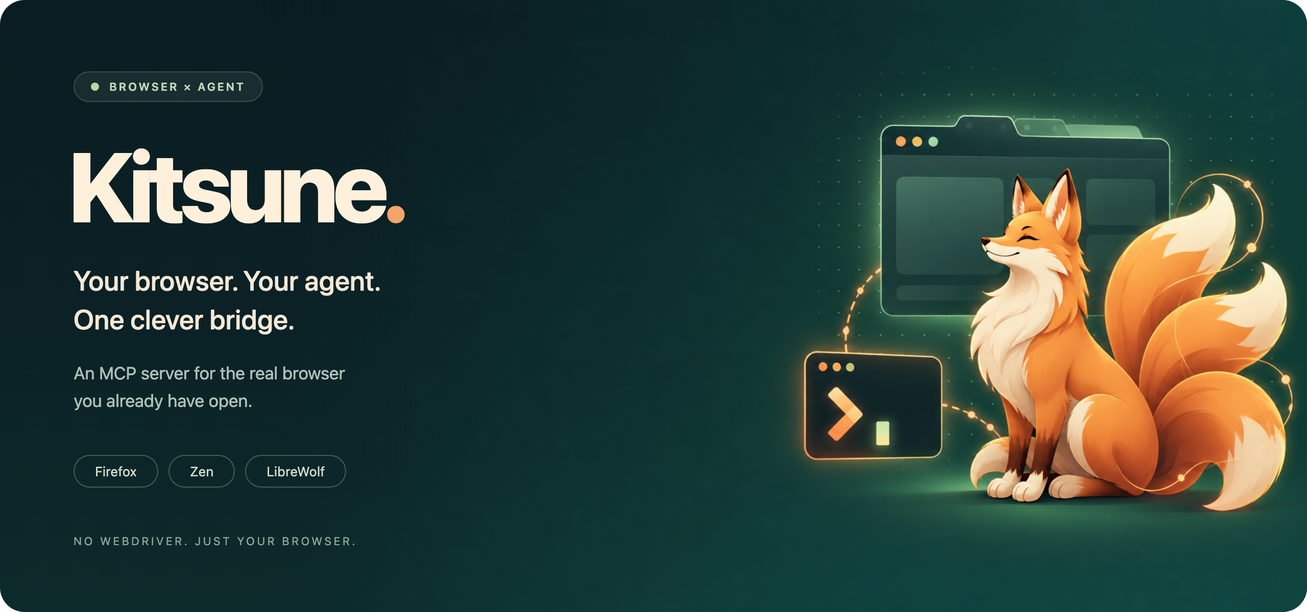 Kitsune: an orange fox in a browser window, connecting your browser and your AI agent