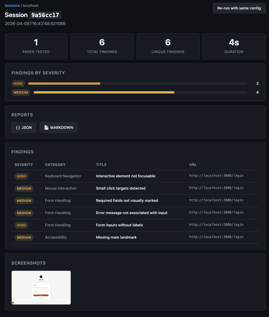 Session detail view showing findings table