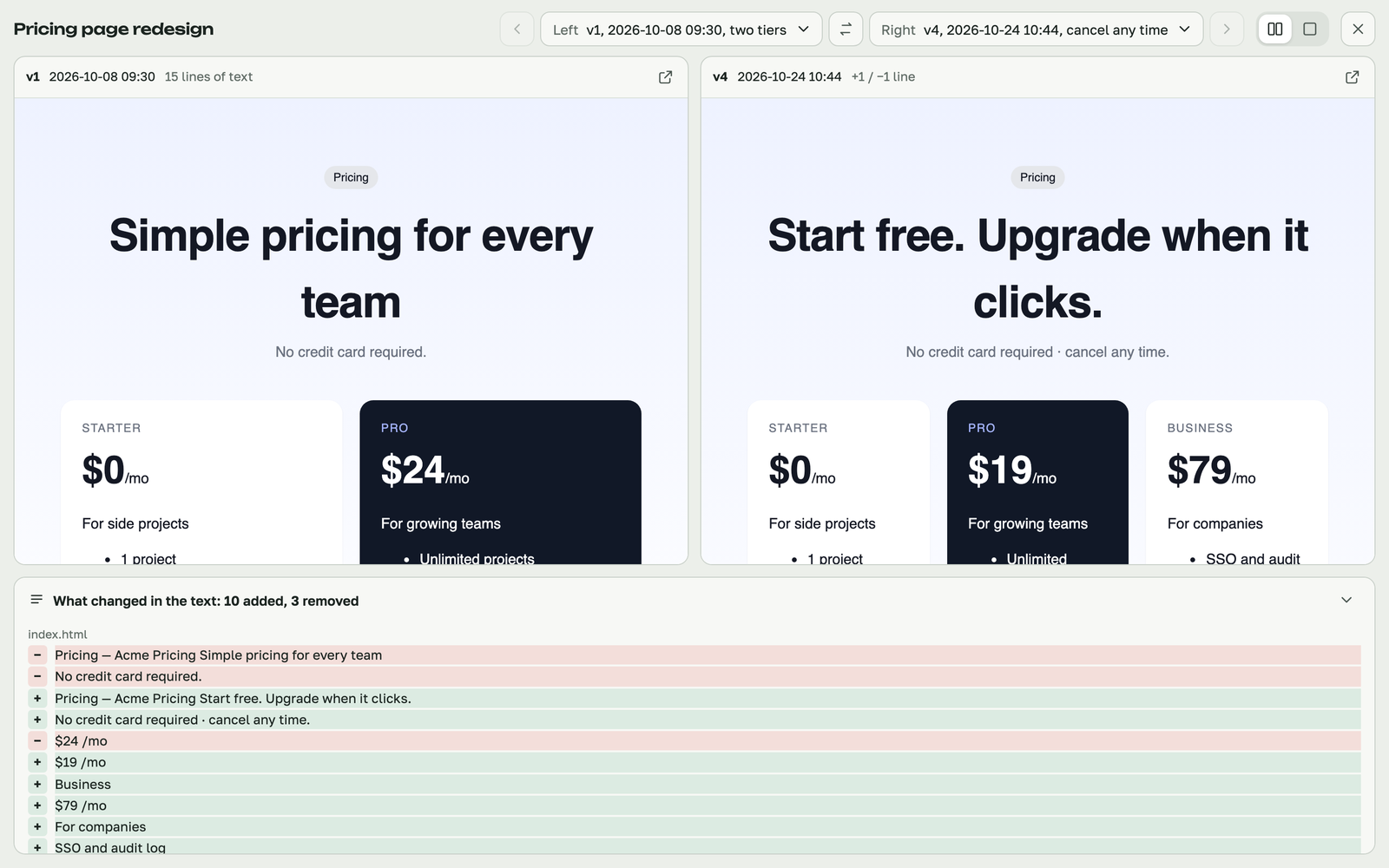Two versions side by side, with the text lines that changed