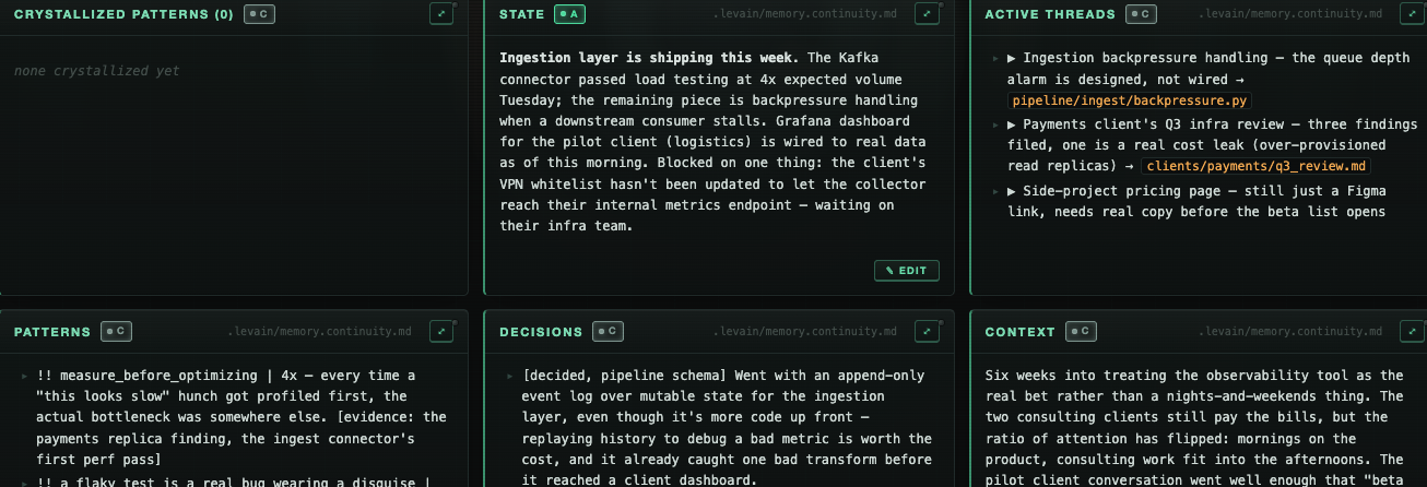 The State, Active Threads, Patterns, Decisions, and Context panels from the same demo install.