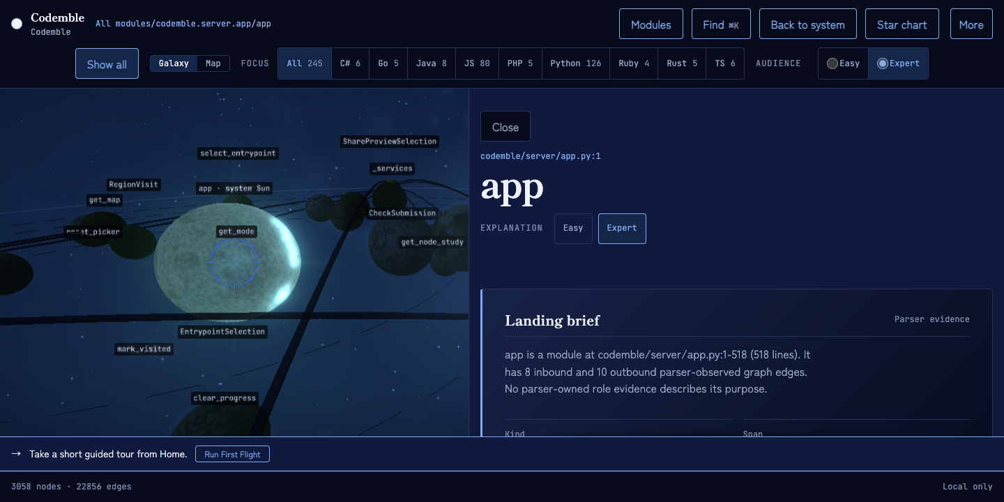 Codemble v0.23.0 with the selected world beside the Study panel, Easy or Expert explanation control, and parser-owned connections.