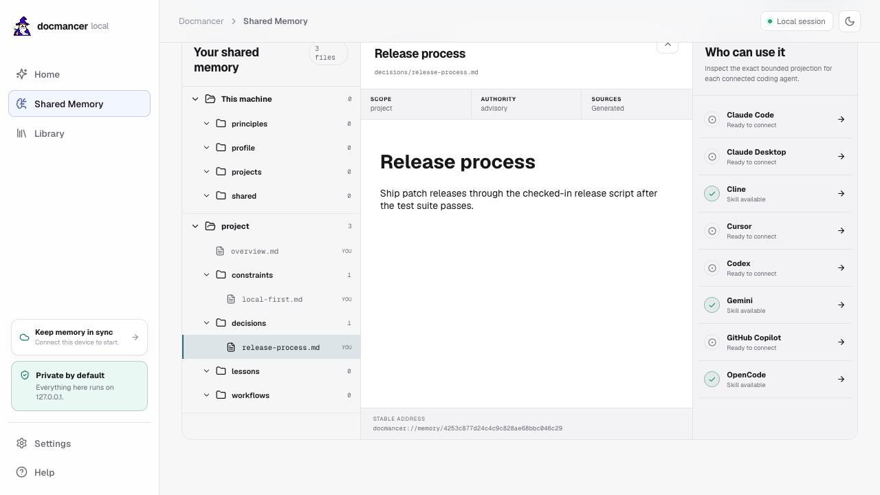 Docmancer local app showing agent memory, Shared Memory files, and the Library