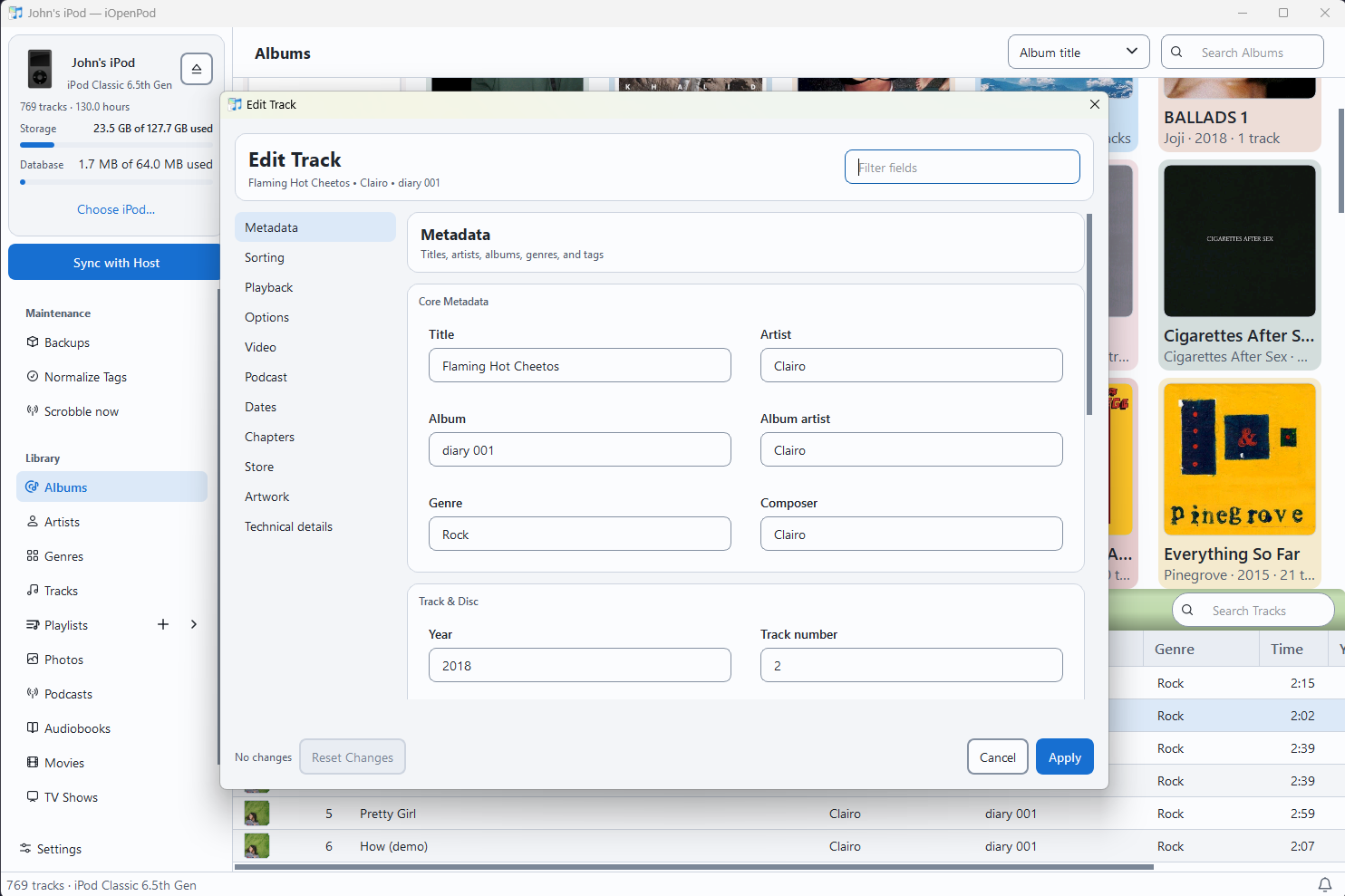 Edit Track dialog with title, artist, album, genre, composer, and track metadata
