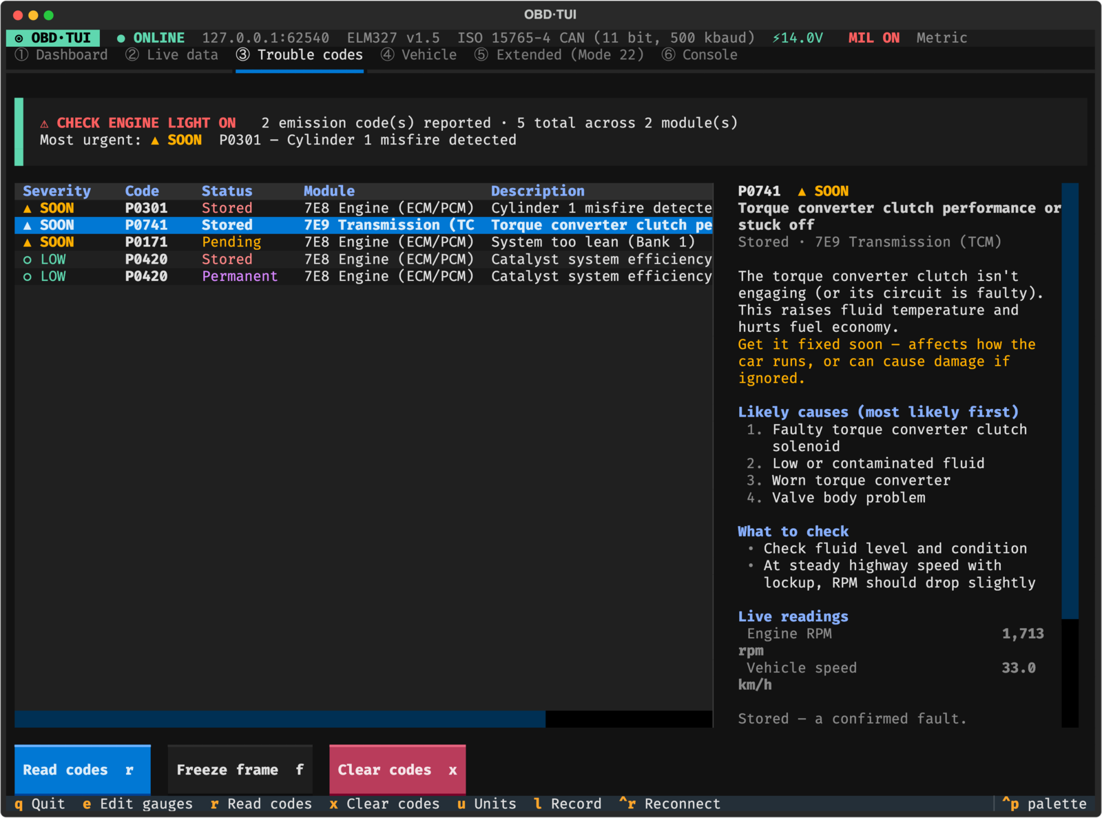 Trouble codes tab with severity, likely causes and checks for the selected code