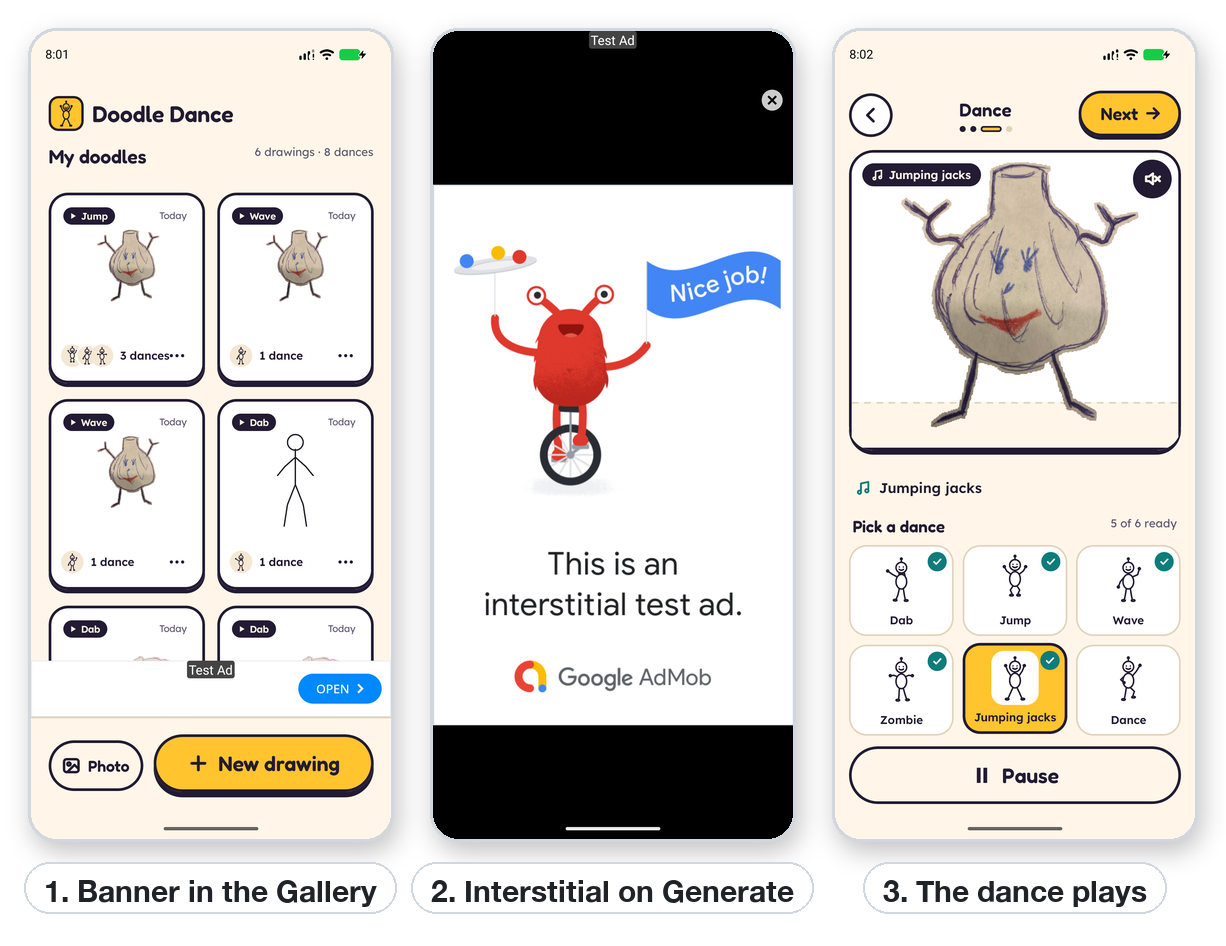 Doodle Dance: a banner in the gallery, an interstitial on Generate, then the dance plays