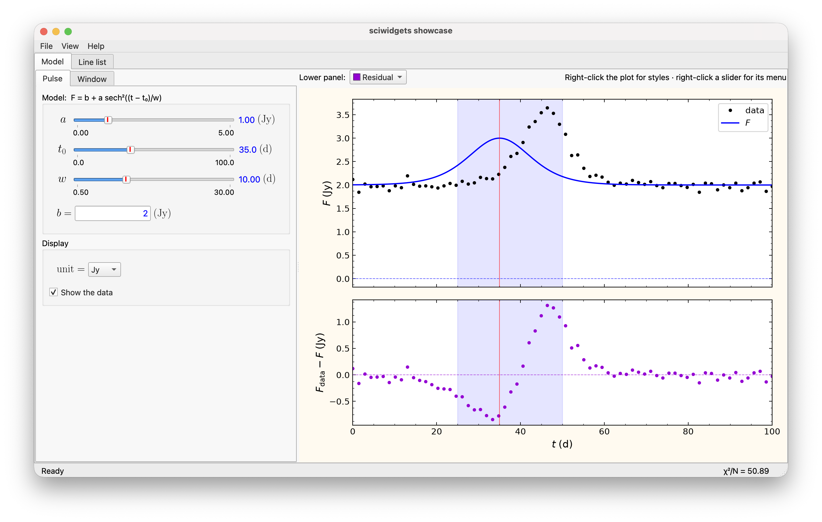The sciwidgets showcase: a parameter panel, a plot that follows the sliders, menus and a status bar