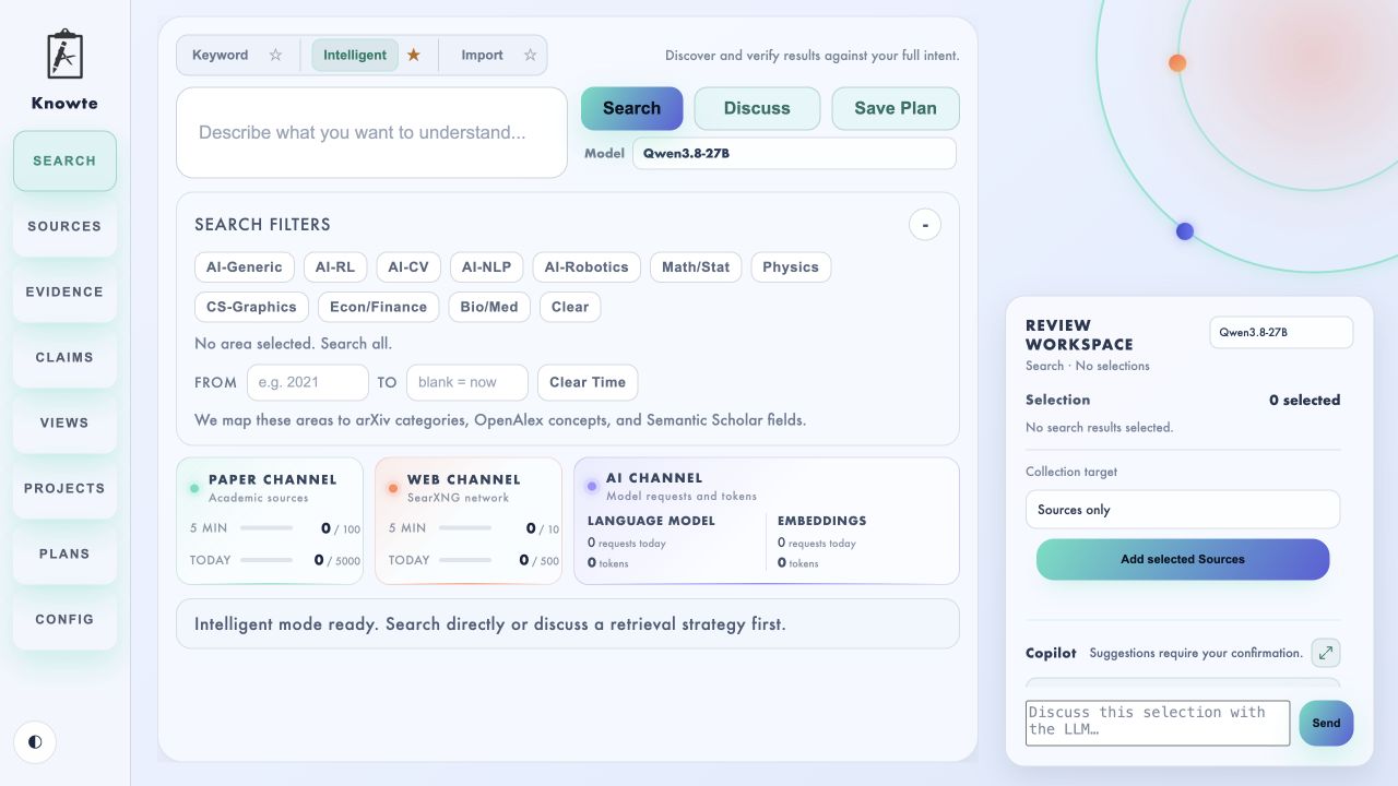 Knowte Search workspace with Intelligent Search, filters, usage channels, and Review workspace