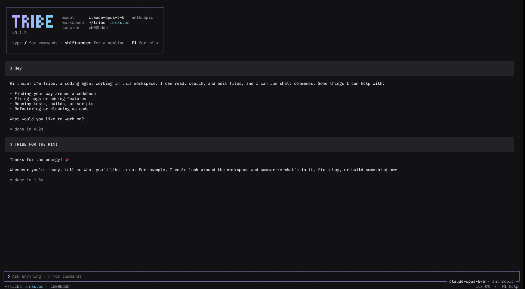 Tribe chat running in the terminal TUI