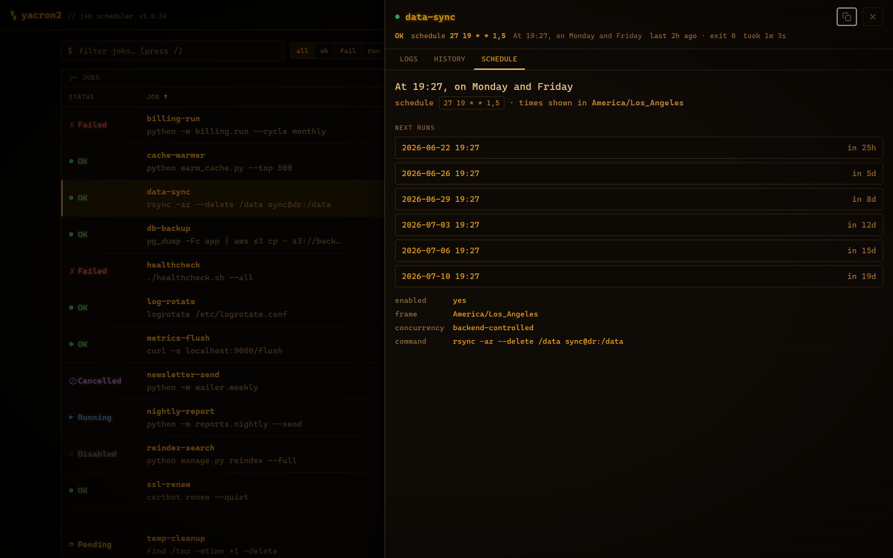A plain-English schedule with timezone-aware next-run times