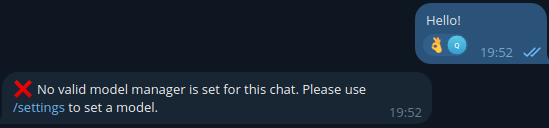 Error message in Telegram chat showing the text "No valid model manager is set for this chat. Please use /settings to set a model."